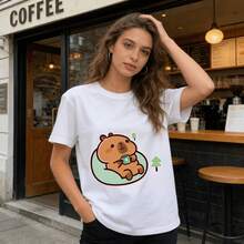 Tops para mujer Casual y Linda de Algodón para Mujer, Manga Corta, Cuello Redondo, con Estampado de Capibara y Oso, Ropa de Verano para Mujer, Ropa de Vacaciones para Mujer, Blusas para Mujer, Blusas de Verano, Conjuntos de Verano, Ropa de Verano, Regalos de Pascua - Blanco - Ver 5