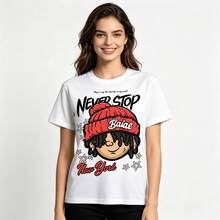 Tops para mujerEsta Chaqueta de manga corta estilo-hop urbano para niñas presenta un diseño de grafiti con la frase Never Stop y un artículo esencial para la vida diaria en la escuela. - Blanco - Ver 1