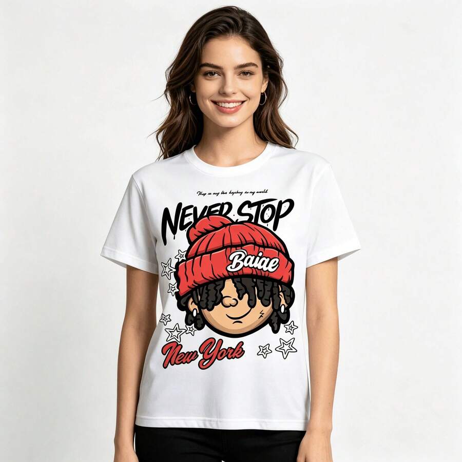 Tops para mujerEsta Chaqueta de manga corta estilo-hop urbano para niñas presenta un diseño de grafiti con la frase Never Stop y un artículo esencial para la vida diaria en la escuela. - Blanco - Ver 1