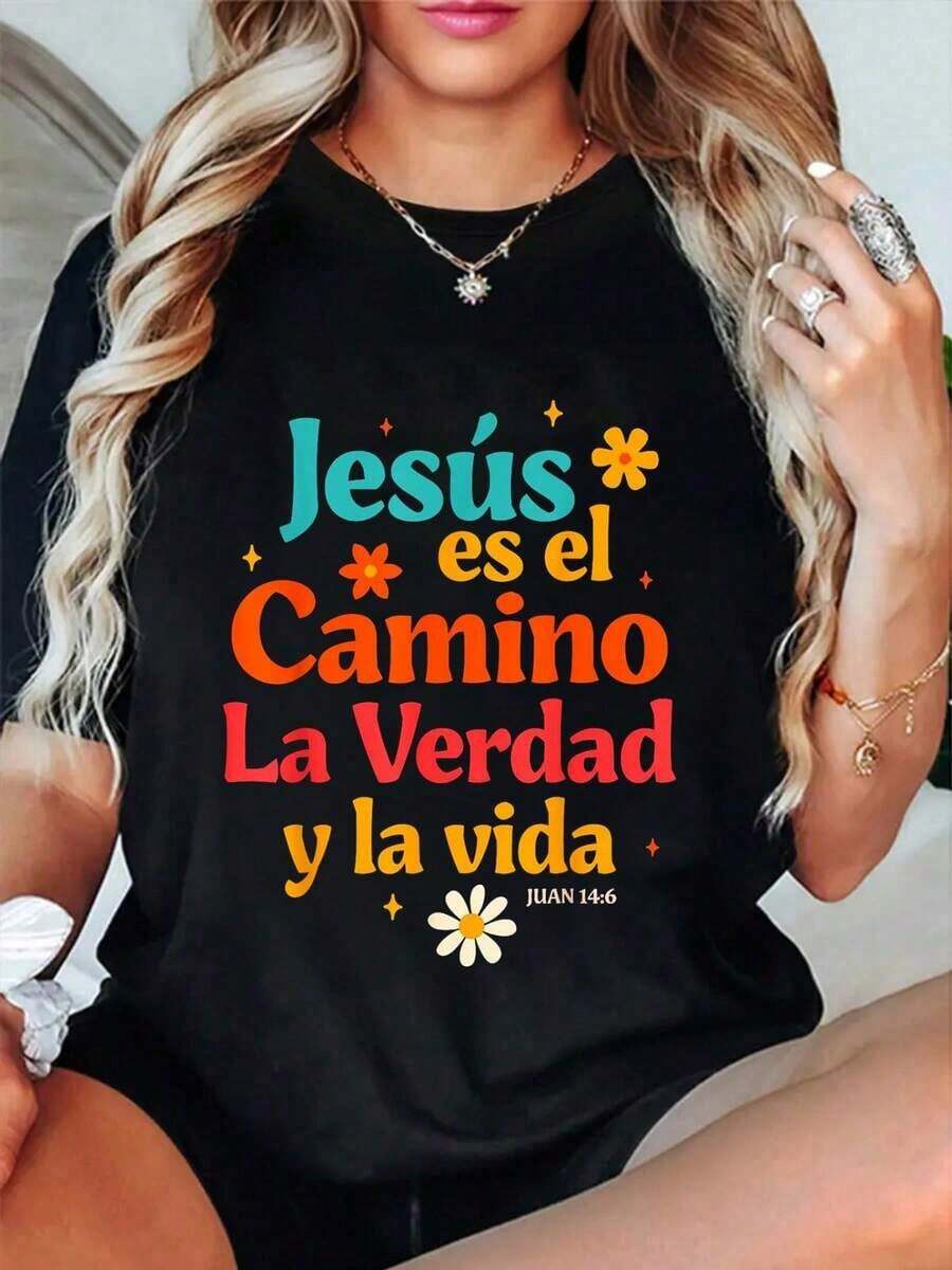 PremiumCamiseta 100% Algodón con Diseño de Jesús, Dios, Amante de Jesús, "Jesús es el Camino, la Verdad y la Vida"Nueva llegada - Negro - Ver 1