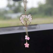 1pc Handmade Heart-Shaped Natural Stone Tree Of Life Car Pendant, Feng Shui Money Tree Car Decor, Tassel Tree Of Life Hanging Ornament - Money Tree - View 3