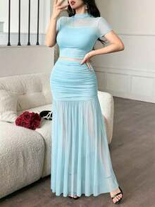 Conjunto de 2 piezas de top ajustado de manga corta con parches de malla azul claro y falda plisada de malla maxi de cintura alta, sexy y elegante, adecuado para citas, fiestas, vacaciones, bodas, cenas formales, primavera/verano - azul claro - Ver 7