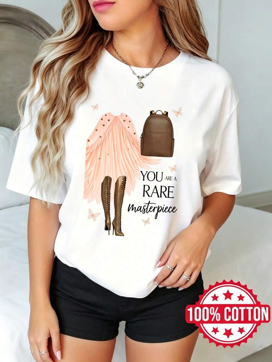 Women's Short Sleeve T-Shirt With Round Neck And Print, Summer, Casual Boots Dress Backpack Maosas Text S-3XL 100% Cotton Material - 白色 - 查看 1