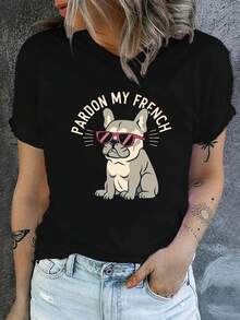 Camiseta de cuello redondo con estampado de Bulldog Francés, camiseta casual de manga corta para primavera y verano, ropa de mujer - Negro - Ver 1