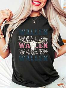 Unisex 100% Cotton T-Shirt With A Stylish "Wallen" Tribute Design. A Loose-Fitting, Casual, And Versatile Y2K Style T-Shirt. - 黑色 - 查看 1
