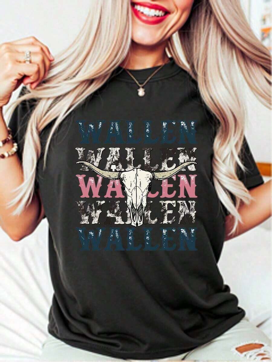 Unisex 100% Cotton T-Shirt With A Stylish "Wallen" Tribute Design. A Loose-Fitting, Casual, And Versatile Y2K Style T-Shirt. - 黑色 - 查看 1