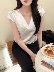 法式優雅復古極簡V領日常百搭珍珠光澤夏季襯衫 - 杏色 - 查看 6