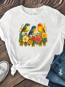 Women's Classic Short-Sleeved Shirt With A Bird And Flower Print, Summer Clothing For Women, Casual Short-Sleeved T-Shirt, Printed Crew Neck T-Shirt. Bestseller. - 白色 - 查看 3
