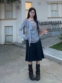 Swing Collar Plaid Ribbon Patchwork 2 In 1 Top, Pleated Design Versatile Long Sleeve T-Shirt For Women - Grey - View 7