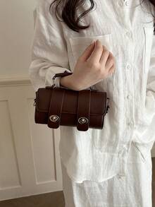 1 pieza Bolso de mano cilíndrico mini retro, bolso de mano de uso diario para mujer - Marrón - Ver 3