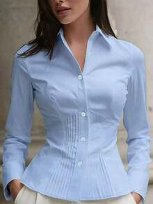 Nueva blusa elegante para mujer, camisa de manga larga con botones y diseño plisado en color blanco, de estilo sofisticado y de alta gama, con apariencia minimalista y profesional, adecuada para ocasiones casuales y citas en primavera - Celeste - Ver 1