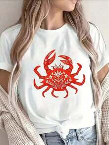 Camiseta de manga corta con estampado de cangrejo en negro y rojo - Poliéster ligero y duradero, uniforme con temática de Crab Shack, ropa casual para playa o restaurante, blusa de cuello redondo, top lavable estilo cangrejo.ropa de calor mujer - Blanco - Ver 7