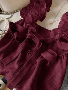Frenchy Camiseta de tirantes de mujer con volantes de unicolor y parches, con detalle de nudo en la espalda - Burdeos - Ver 3