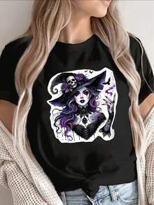 This Women's T-Shirt Is Made Of Pure Cotton, Is Lightweight And Durable, And Features A Short-Sleeved Black Design With A Gothic Witch Print. It's Perfect For Casual Wear At Home Or For Going Out To Restaurants. The Purple And White Print Makes It Ideal For Halloween Or Everyday Style. Women's T-Shirts. - 黑色 - 查看 7