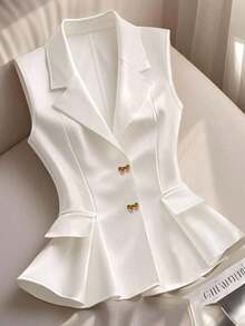 Blazer blanco ajustado de línea A con cuello en V francés, elegante, con lazo y botones sin mangas para mujer, para primavera/verano - Blanco - Ver 1
