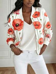 Chaqueta con cremallera con estampado floral casual para mujer - Multicolor 5 - Ver 3