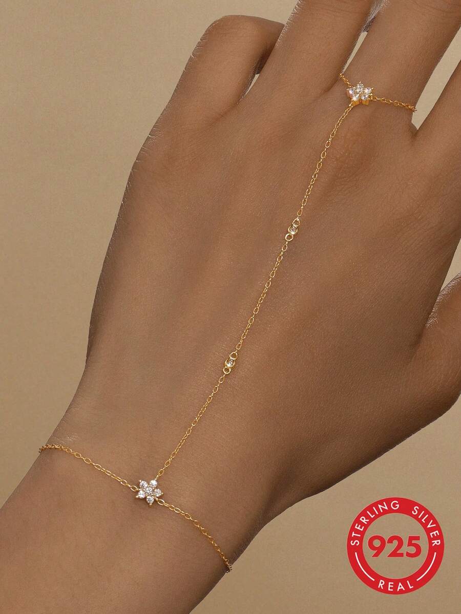 1 pieza Juego de anillo y pulsera de plata de ley 925 con diseño floral clásico, pulsera y anillo elegantes con cadena y circonita cúbica para mujer, adecuado para uso diario, boda, fiesta, compromiso, aniversario, Día de San Valentín - Dorado - Ver 1