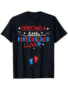 Talla Grande - Talla Grande - Talla Grande - Camiseta de Anuncio de Embarazo Drtidara Mujer de Talla Grande | Esperando un Pequeño Coqueto 4 de Julio Diseño con Fuegos Artificiales y Huellas, Manga Corta Suave de 180g con Cuello Redondo - Negro - Ver 2