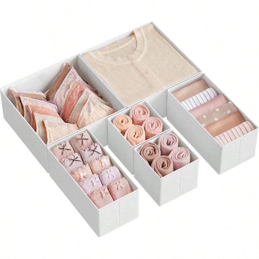 Scatola portaoggetti per cassetti, set di 6, organizer per cassetti, scatola pieghevole, organizer per biancheria intima, scatola in tessuto per calzini, biancheria intima, reggiseni, cravatte e sciarpe, bianco nuvola RDZ006W01 - Bianco nuvola - Visualizzare 1