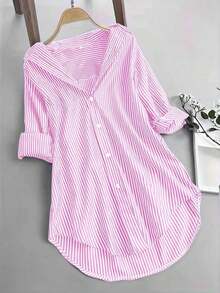 Camisa de mujer de solapa única con rayas y bajo irregular, blusas de manga larga - Rosa - Ver 4