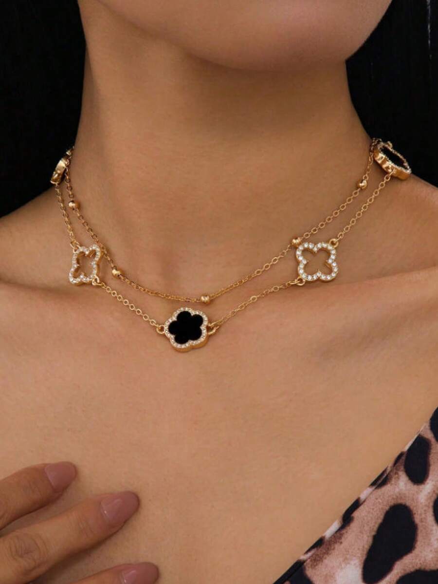 1pc Luxury Hollow Four-Leaf Clover & Three-Leaf Clover Double Layer Necklace For Women (Hand-Cut Beads Quantity May Vary, Fixed Length) - Gold - View 1