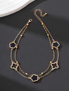 1pc Luxury Hollow Four-Leaf Clover & Three-Leaf Clover Double Layer Necklace For Women (Hand-Cut Beads Quantity May Vary, Fixed Length) - Gold - View 3