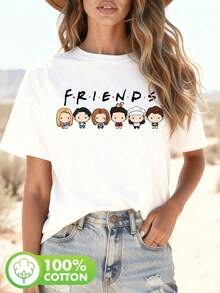 Camiseta con estampado de grupo de Friends en estilo chibi, manga corta y cuello redondo, top casual para verano y primavera, ropa de mujer - [Blanco] - Ver 1