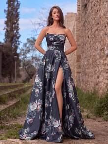 Faeriesty Elegant Strapless Floral Print Maxi Dress, High Slit Design, Backless Tie, A-Line Flowy Skirt, Suitable For Wedding Guest, Formal Photoshoot, Romantic Evening, Garden Party, And Bridal Shoot Vacation Spring Black - Black - View 3