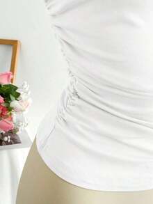 Top corto plisado de un hombro en color albaricoque, ropa de trabajo elegante, de estilo minimalista y casual para mujer, adecuado para primavera/verano - Blanco - Ver 6