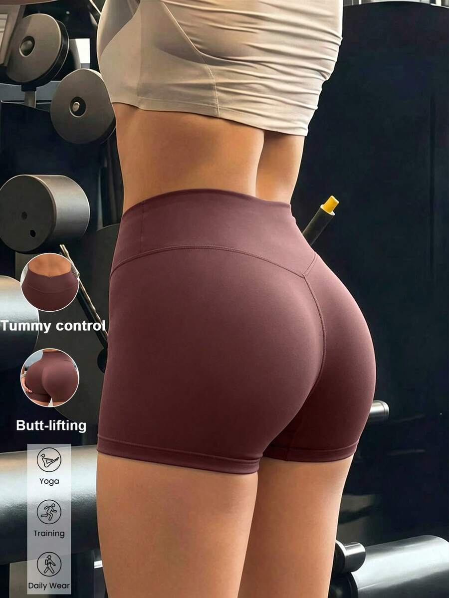 Quần short thể thao nữ Aoqta Sports mùa hè, màu trơn, cạp cao, dáng rộng, ống suông, thích hợp cho yoga, chạy bộ, tập luyện, thể dục và mặc hàng ngày. - màu nâu - Xem 1