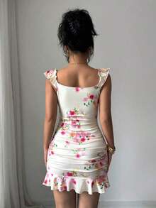 Vestido con estampado floral, volantes y bajo sexy para mujer - Amarillo - Ver 2