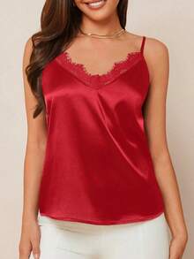 Top de satén azul con encaje elegante y contraste, versátil para usarlo solo en primavera/verano o en capas en otoño/invierno - Rojo - Ver 3