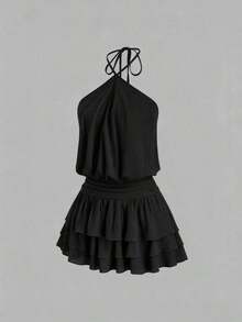 Vestido mini con espalda descubierta, estilo sexy y picante, de cuello halter, adecuado para citas, vacaciones y verano - Negro - Ver 7