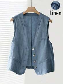Chaleco corto de lino casual para mujer, color blanco, para primavera y verano - Niebla azul - Ver 7