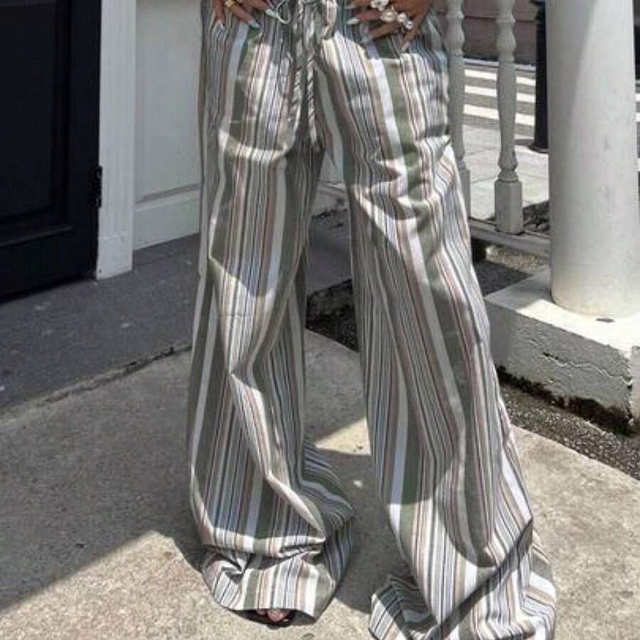 Tall Women's High-Waist Striped Linen Wide Leg Pants, Beach Vacation Casual Countryside Style, Elegant And Natural, Random Floral Pattern, Summer Fall Women Clothes Back To School - Verde militar - Ver 1