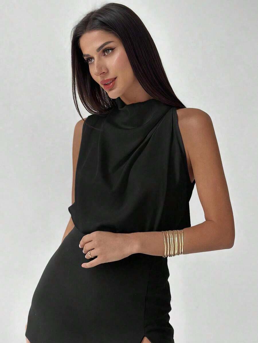 Camisa de color albaricoque con detalle asimétrico de volantes elegante para mujer, a la moda para el trayecto al trabajo, la oficina, el uso diario, las vacaciones y los festivales de música, primavera/verano - Negro - Ver 1