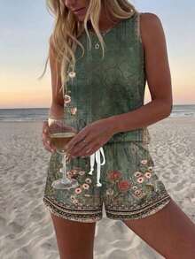 Conjunto de 2 piezas: top de tirantes con cuello redondo y estampado floral vintage casual, y camiseta de manga corta, apropiados para el verano - Verde - Ver 4