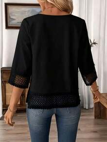Blusa blanca elegante de talla grande para mujer con adorno de encaje a crochet, de longitud regular para primavera - Negro - Ver 3