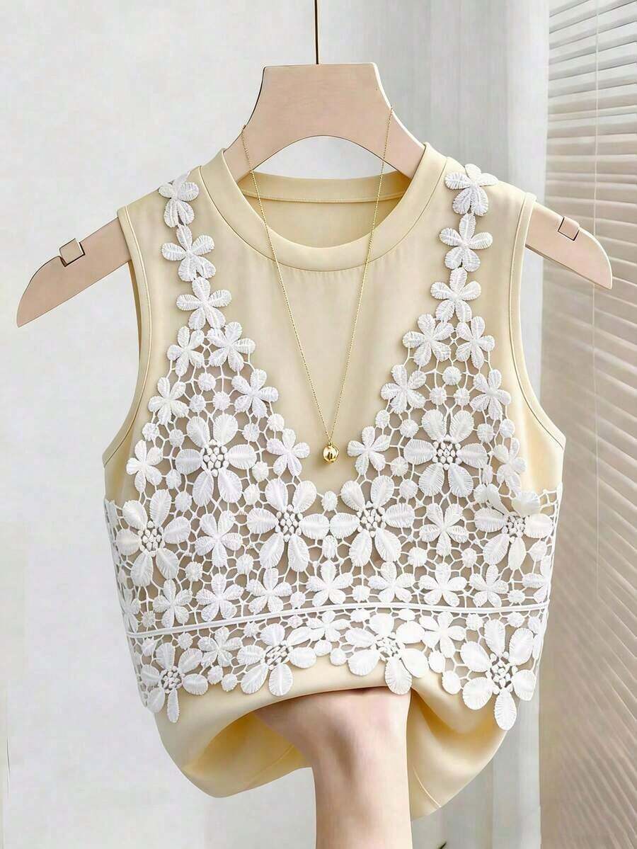 Top elegante de tirantes sin mangas de cuello redondo con contraste de color para mujer, verano - Albaricoque - Ver 1