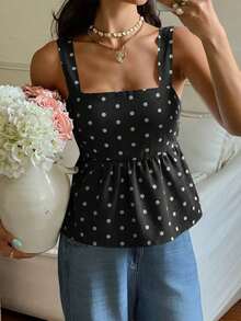 Camiseta de tirantes con volantes y lazo en la espalda con estampado de lunares para mujer - Negro - Ver 3