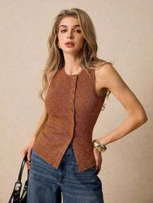 Camiseta sin mangas casual de cuello redondo y de un solo abotonadura para mujer - Marrón - Ver 3