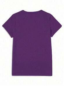 Camiseta de manga corta con cuello redondo y estampado de rosas y mariposas para mujer, verano, Navidad - Morado - Ver 2