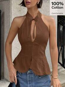Parte superior sin mangas de mujer con lazo, cuello halter y abertura, chaleco casual - Marrón - Ver 7