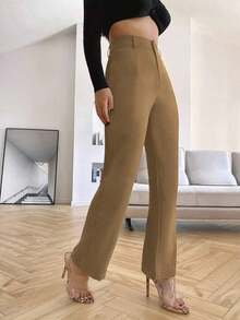 Pantalones rectos casuales lisos para mujer, para uso diario en otoño/invierno - Marrón - Ver 4