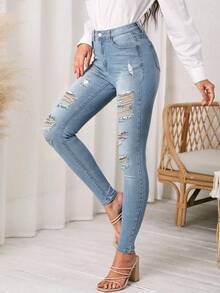 ALO FASHION Pantalones vaqueros ajustados largos de mezclilla lavada y desgastada para mujer, diseño elástico y rasgado, estilo casual y elegante. - azul real - Ver 5