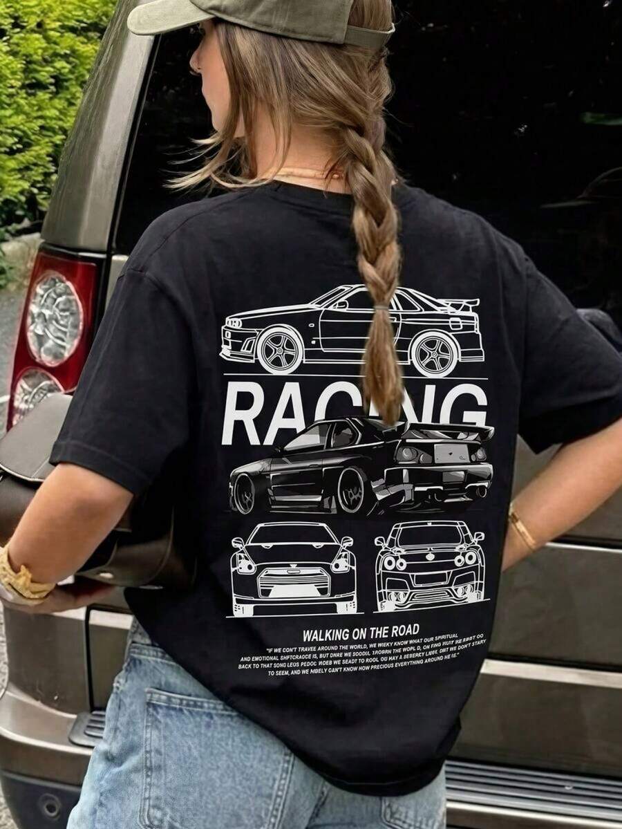 Camiseta Casual para Mujer con Estampado de Coche de Carreras Negro, Mangas Cortas con Hombros Caídos y Cuello Redondo GKRR - Negro - Ver 1