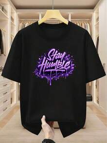 Camiseta de Hombre Talla Grande 100% Algodón, Camiseta de Manga Corta con Diseño Moderno "Stay Humble", Camiseta Casual Cómoda para Verano, TALLA GRANDE - Negro - Ver 6