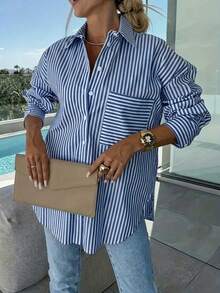 Camisa de mujer de talla grande con mangas de murciélago y rayas, de corte holgado y casual, adecuada para ir al trabajo y uso diario en primavera/verano - Azul - Ver 2