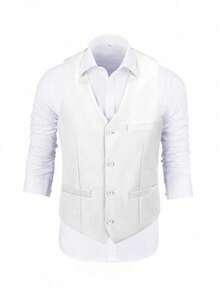 Chaleco de traje para hombre de corte slim, color liso, cuello en V, abotonado sencillo, separado, para uso diario, oficina, negocios, boda y fiesta - Blanco - Ver 2