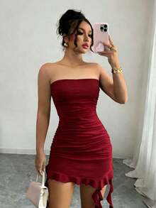 Elegante vestido ajustado de color vino tinto con cuello halter, con diseño asimétrico y fluido, perfecto para fiestas, vacaciones en la playa, festivales de música, salidas y citas, vestido ajustado de verano para mujer, vestido de fiesta para mujer - Burdeos - Ver 3